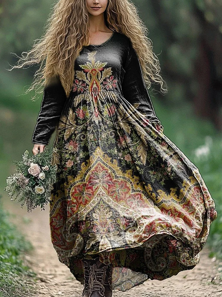 Women's Vintage Boho Folk Floral Print Crew Neck Pocket Cotton Dress