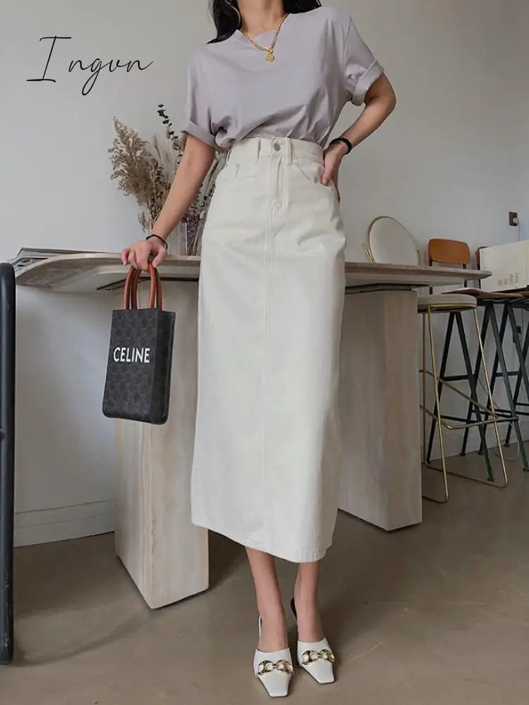 Ingvn - Fashion Trends Straight Bodycon Long Jeans Skirt Women Solid White Vintage Split High Waist