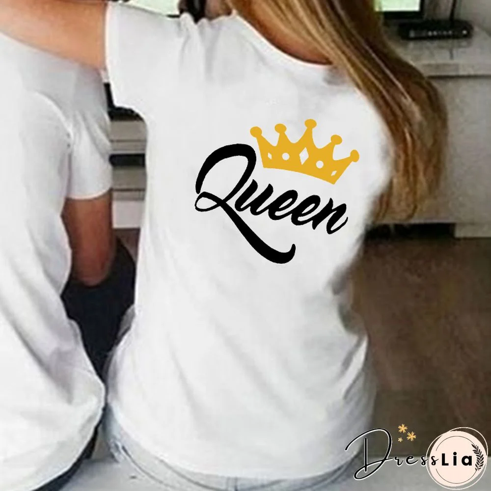 Queen King Print Lover Couple T-shirt Summer Funny Men Women T Shirt Couples Tops Matching Clothes Valentine's Day Look Outfit