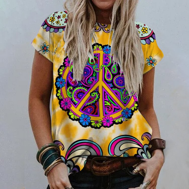 Hippie Cashew Blume Drucken Crew Neck T-Shirt