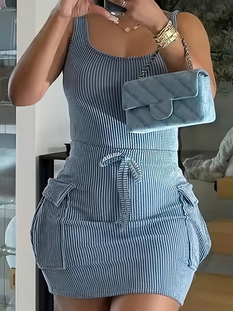 Women's Sexy Ribbed Knit Sleeveless Dress With Multi-Pockets And Tie Waist - Casual Midi Bodycon Dress For Summer & Spring, Casual Attire | Ribbed Texture Detail | Bodycon Silhouette
