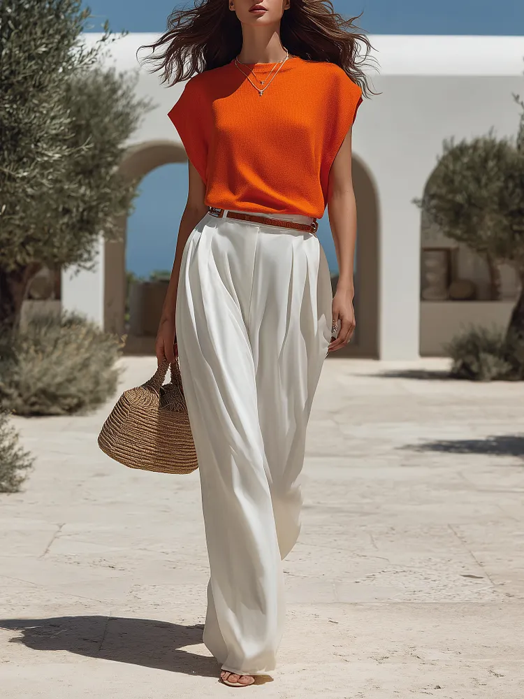 Tropical Beach Bright Orange Cap Sleeve Knit Top & White Satin Pleated Wide Leg Two-piece Set