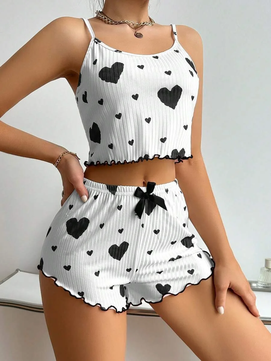 Uveng Summer New 2024 Knitted Pit Strip Love Print Design Sweet Sling Shorts Pure Pyjamas Woman