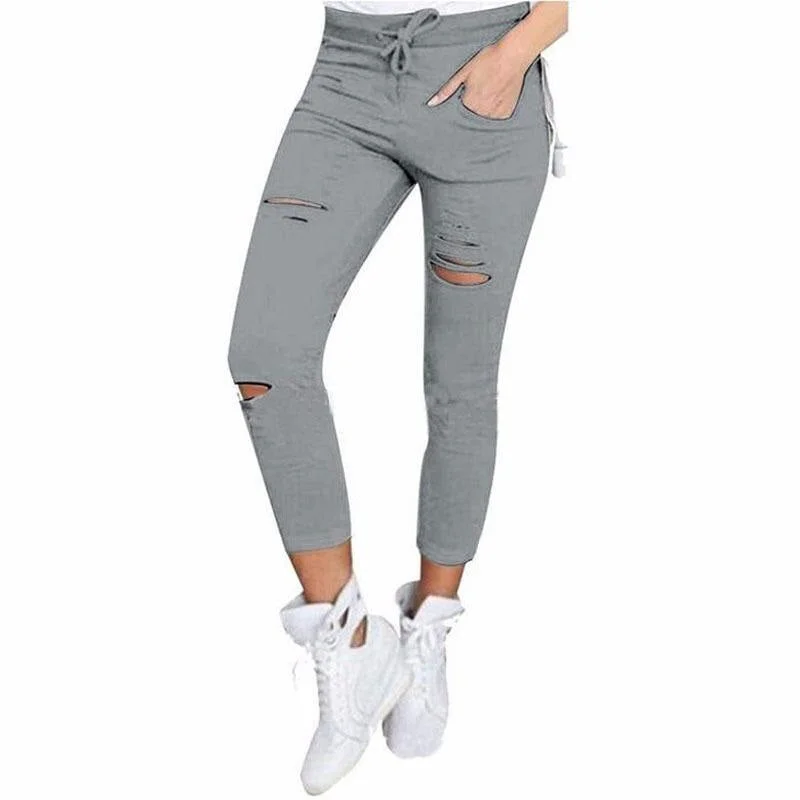 2020 Cargo Pants Women Fashion Slim High Waisted Stretchy Skinny Broken Hole Pencil Pants Solid Color Streetwear Trousers Womens
