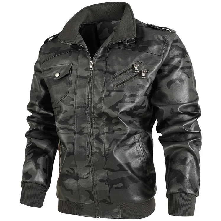 Men's Retro Warm Windproof Camouflage Motorcycle Washed Leather Jacket