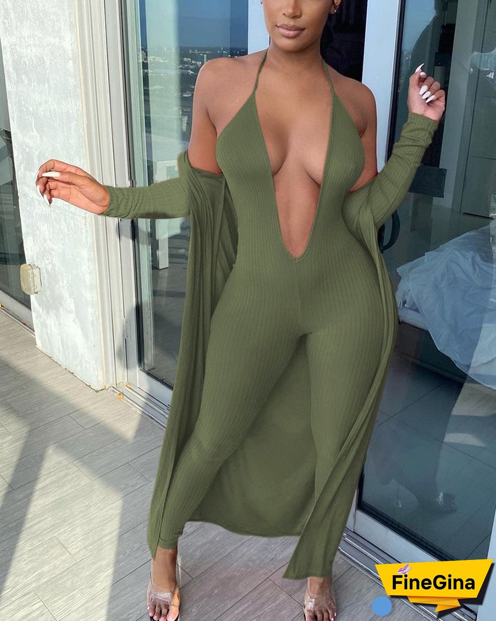 Solid Ribbed Plunging Neck Skinny Cami Jumpsuit With Coat