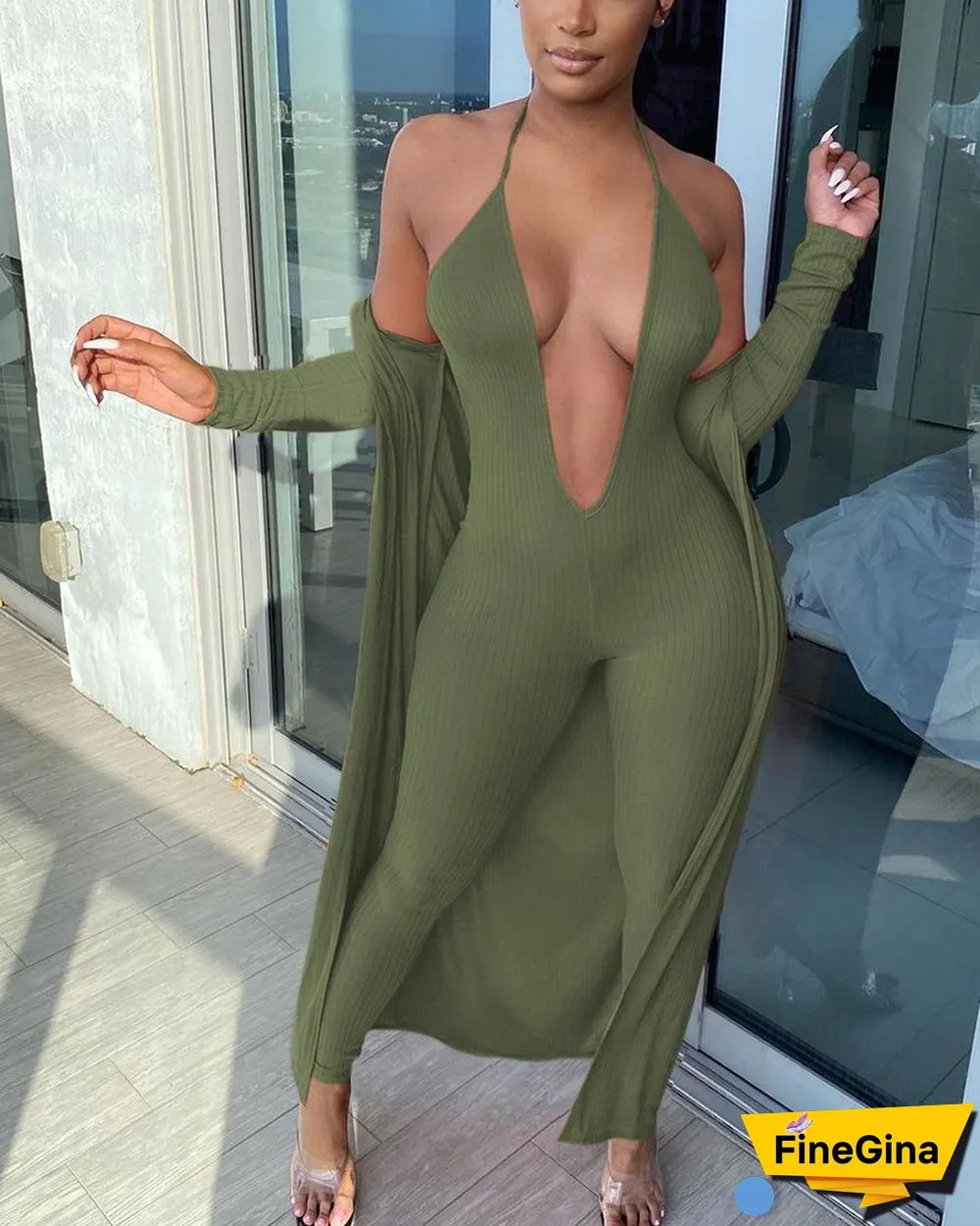Solid Ribbed Plunging Neck Skinny Cami Jumpsuit With Coat