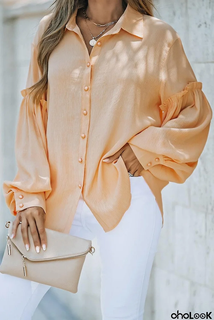 Button Front Bubble Sleeve Frill Trim Blouse