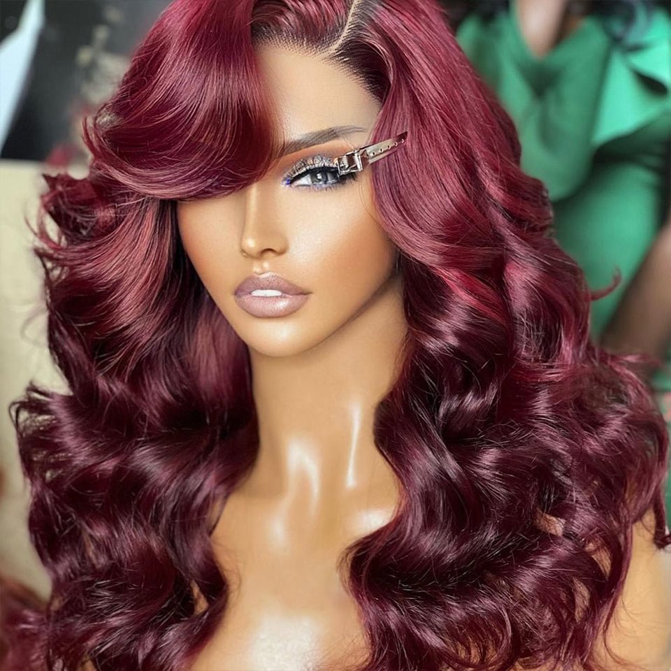 Natural Black Roots Red Wine Burgundy Loose Wave Virgin Hair Lace Frontal Wig