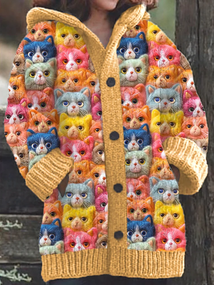 Colorful Cats Pattern Cozy Knit Hooded Cardigan