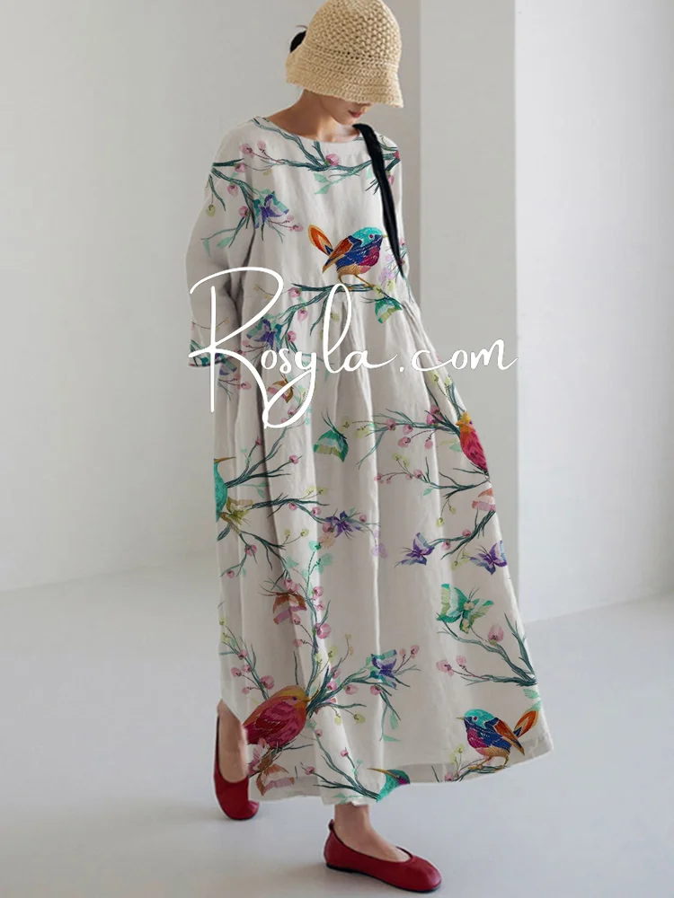 Women's Casual Bird Print Long Sleeve Midi Dress Dress