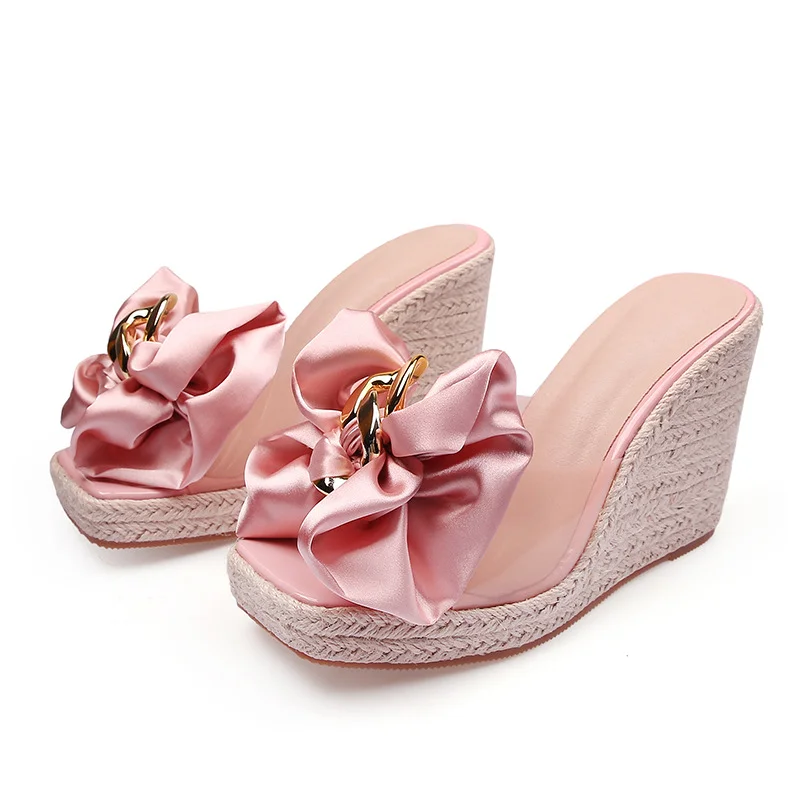Wongn Wongn Style Summer Square Head Slope With Thick Bottom High Heel Slippers Female Bowknot Flower Glass Glue Sandals