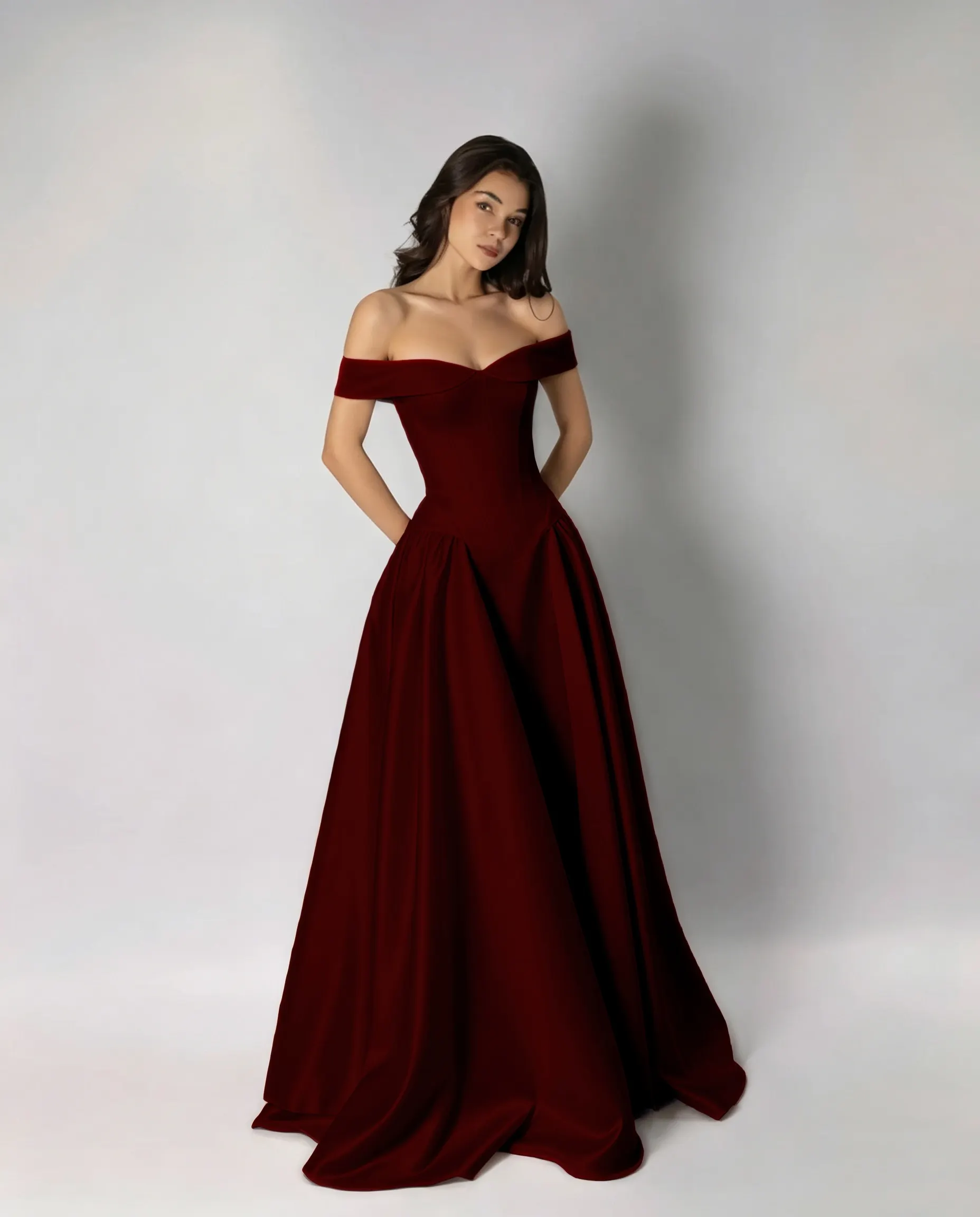 Lussooy Elegant Grape Satin Burgundy Off the Shoulder Pleated A Line Long Prom Dress 
