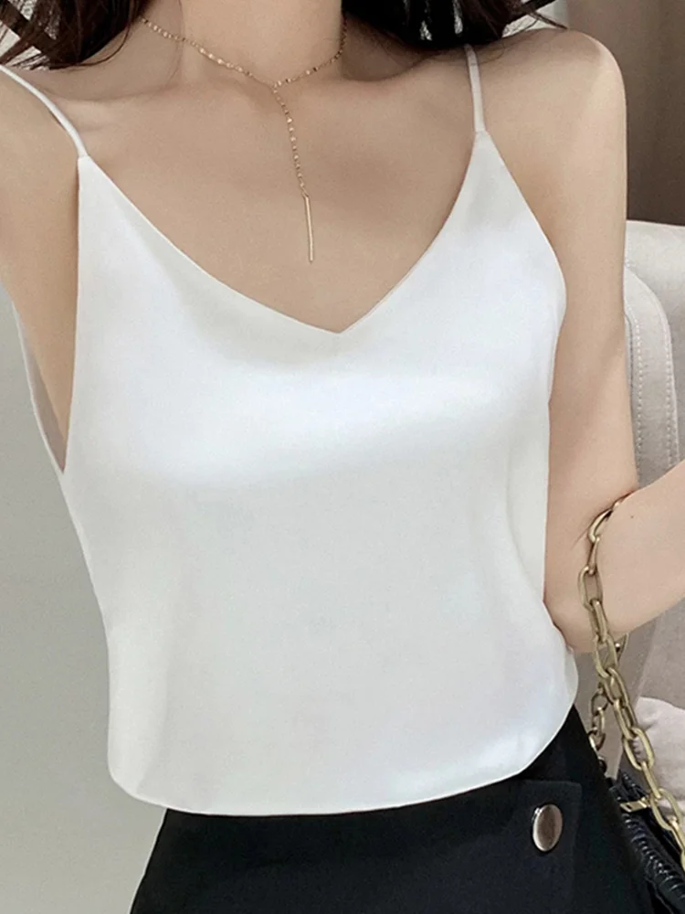 Athvotar V-Neck Sexy Solid Satin Woman Camis Tank Tops Chiffon Sleeveless Camisole Top Halter Camis Tops