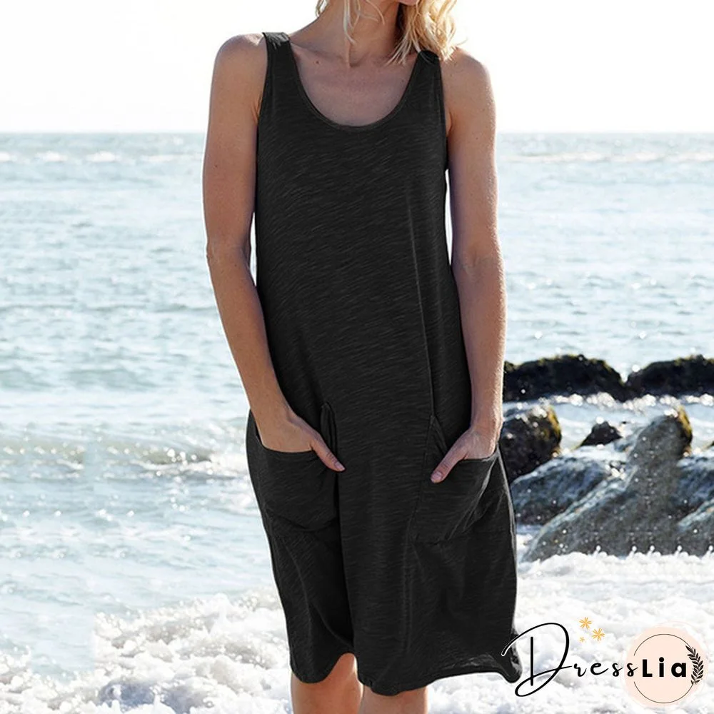XS -8XL Summer Dresses Plus Size Fashion Clothes Women's Casual Sleeveless Dresses with Pockets O-neck Midi Dress Ladies Solid Color Off Shoulder Dress Party Wear Beach Dress Loose T-shirt Dress Cotton Dress