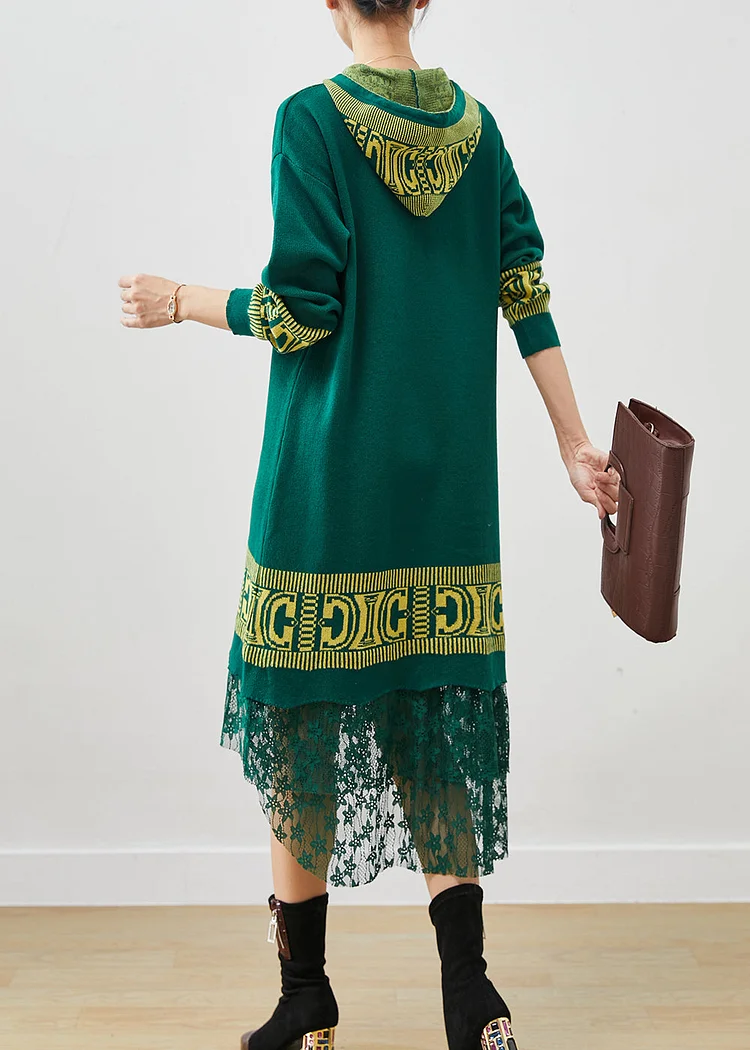 Women Green Hooded Patchwork Lace Knit Vacation Dresses Spring