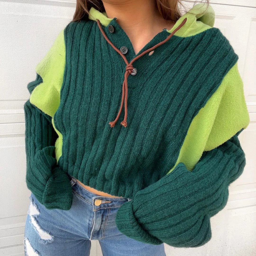 Women's Patchwork Woolen Hooded Sweatshirt / DarkAcademias /Darkacademias