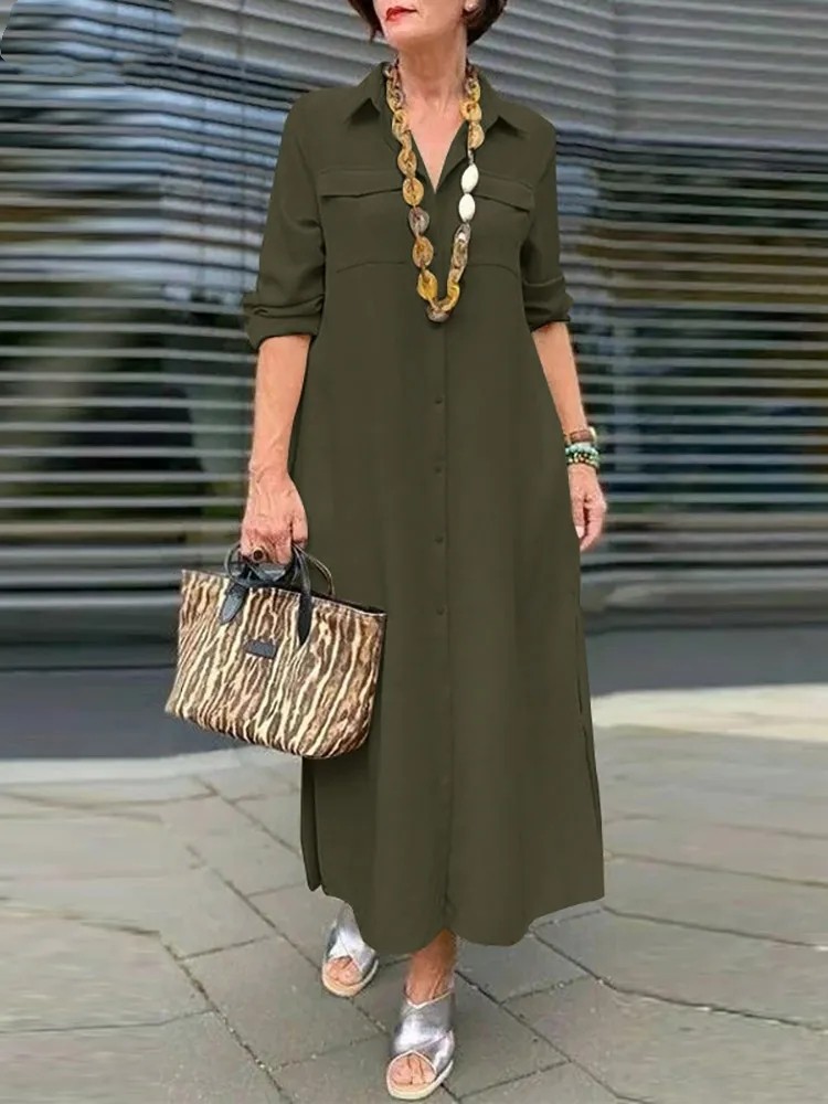 Mature Women Solid Color Long Sleeve Button Lapel Summer Plus Size Maxi Dress