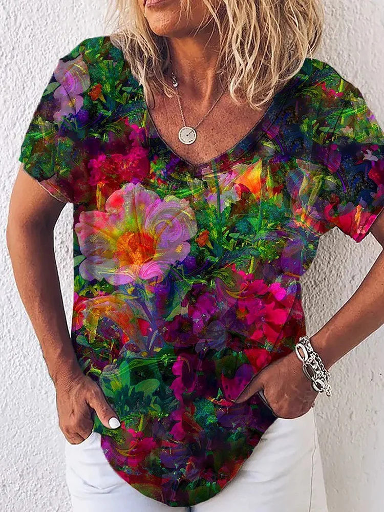 Bestdealfriday Negative Film Flower Painting Print V Neck Casual T-Shirt