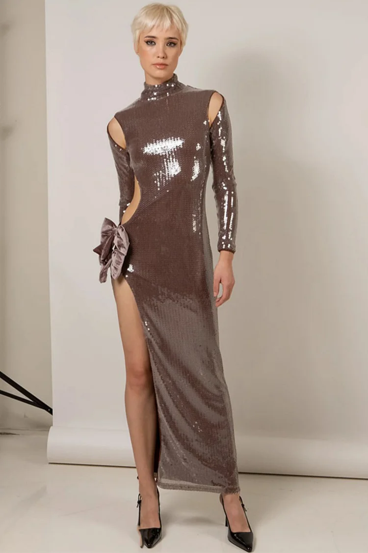Sequin Cut Out Slit Bow Maxi Dress-Camel