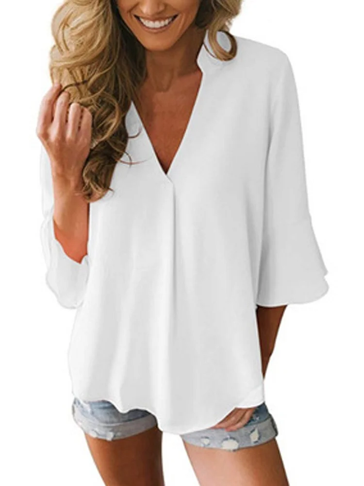Casual V Neck Solid Blouse