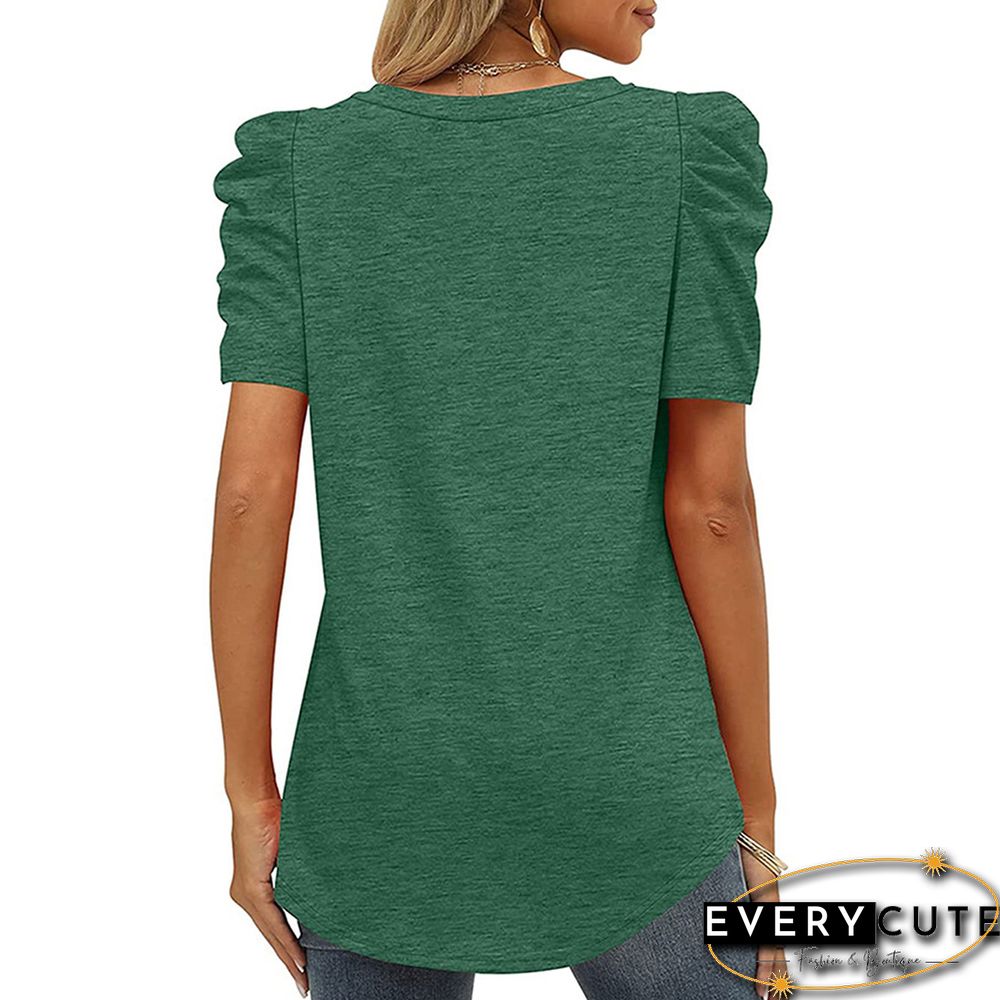 Green V Neck Ruched Short Sleeve T-shirt