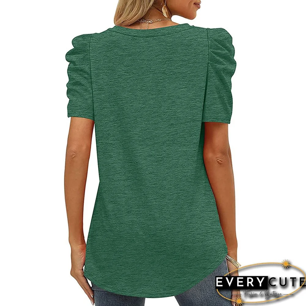 Green V Neck Ruched Short Sleeve T-shirt