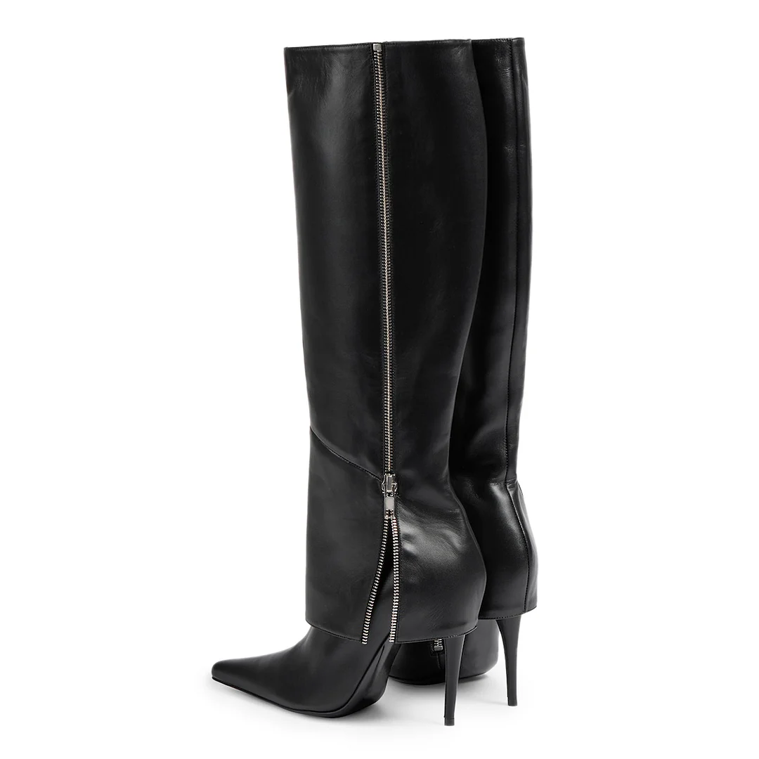 Black High Heeled Vegan Leather Pointed Side-Zip Fold-Over Booties