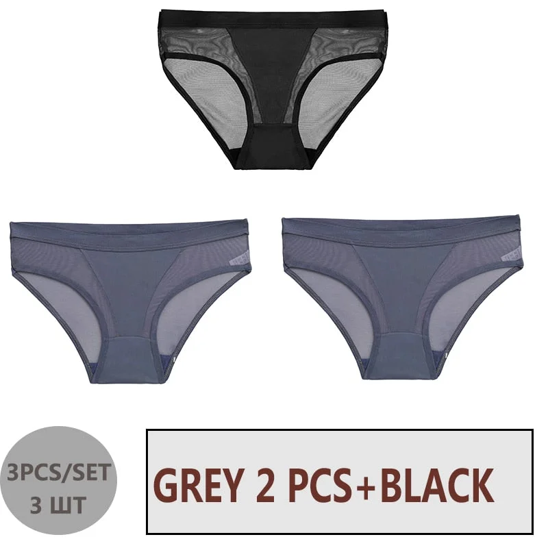 FINETOO 3PCS/Set Women Panties Sexy Mesh Lingerie Breathable Female Underwear For Woman Low-Rise Underpant Woman Panties Briefs