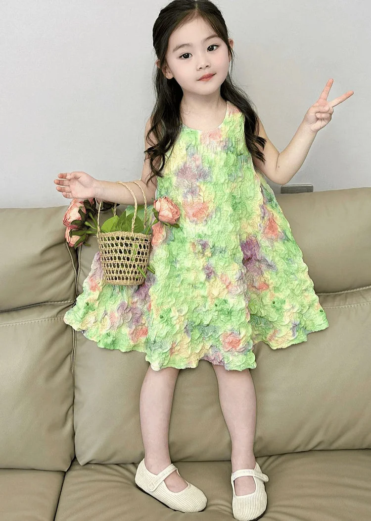 Lovely Green Print Girls Long Dress Sleeveless