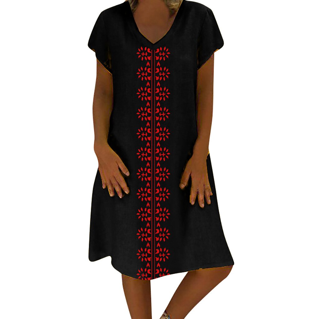 Women Summer Style V-Neck Printed Cotton And Linen Casual Plus Size Ladies Dress