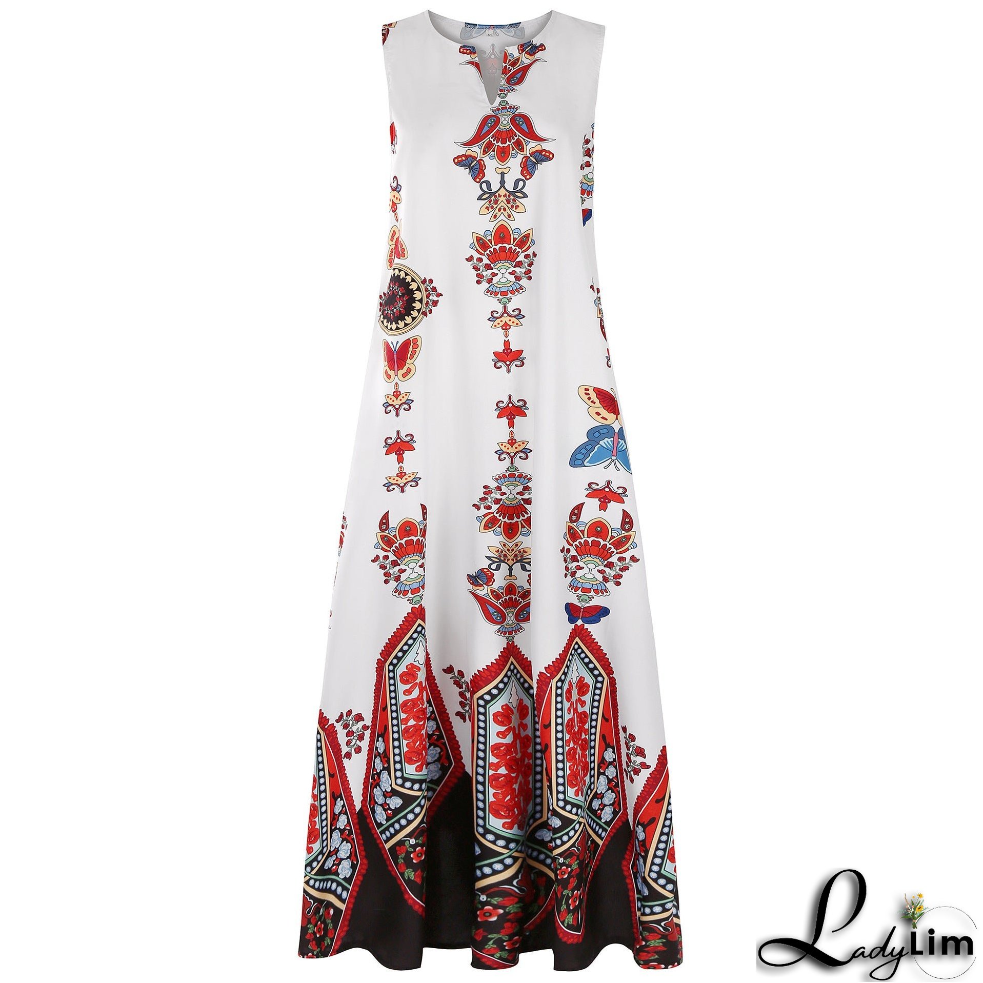 Vintage print dress V-neck sleeveless