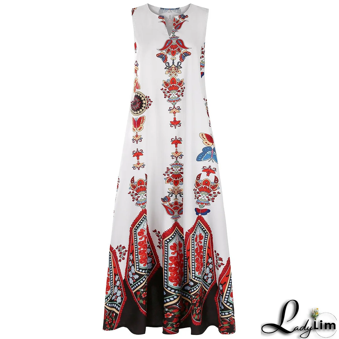 Vintage print dress V-neck sleeveless