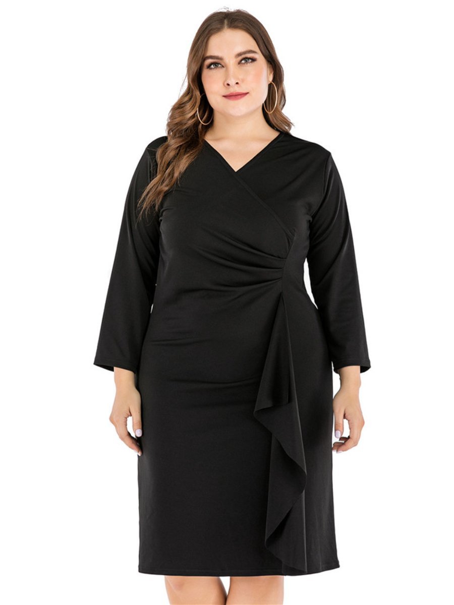 Plus Size Dress Cross V-neck Long Sleeve Slim Midi Dress