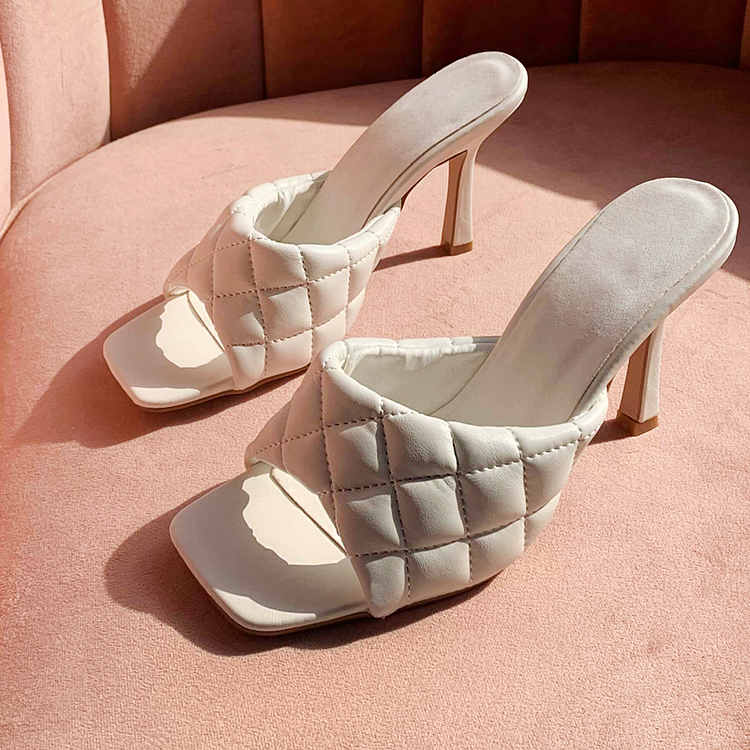 White Quilted Square Toe High Heel Mules for Women |FSJ Shoes