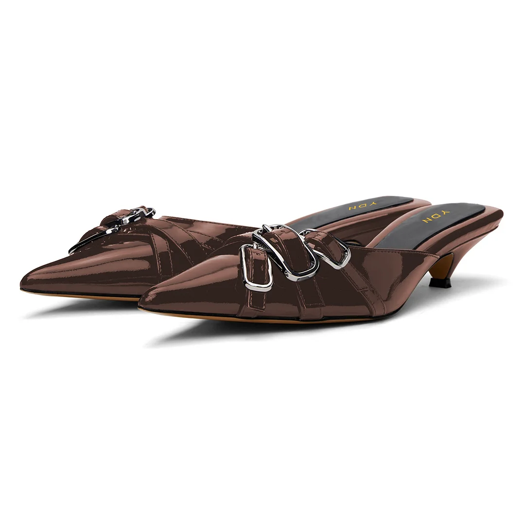 Brown Kitten Heel Buckle Strap Pointed Toe Mules for Women