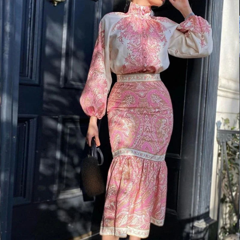 Vintage Floral Printing Slim Women Party Dress Autumm Elegant Long Lantern Sleeve Ladies Dress Stand Collar Button Dress Vestido