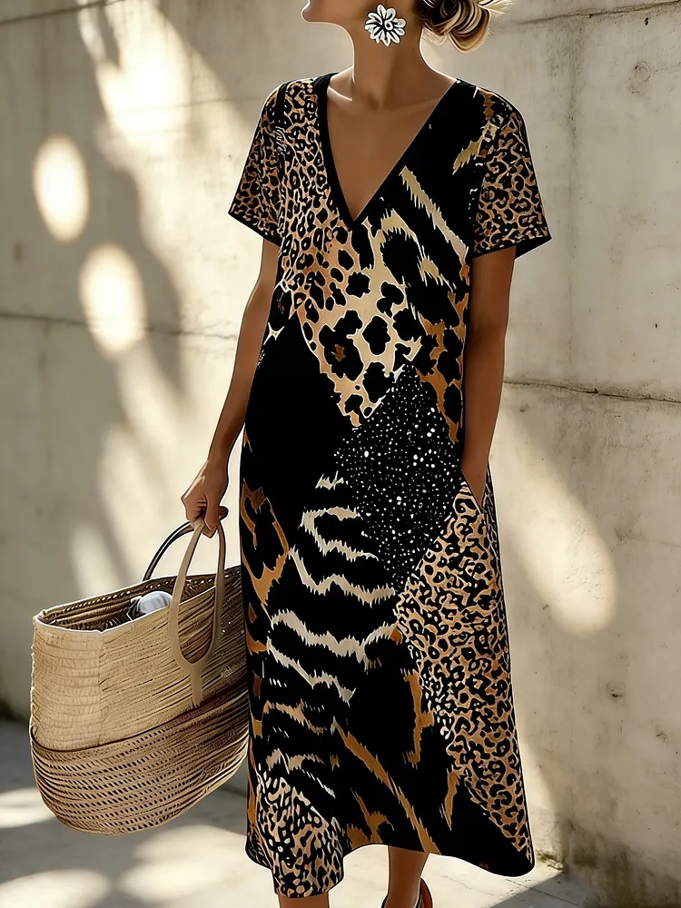 Elegant Leopard Print Patchwork V-neck Loose Fit Midi Dress