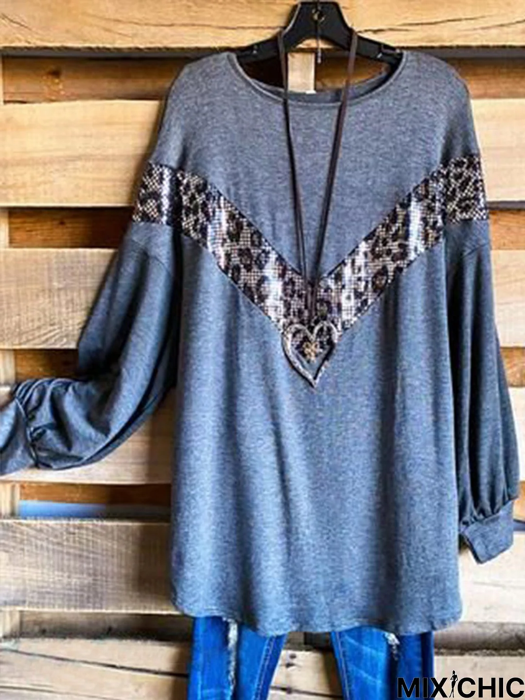 Gray Casual Leopard Paneled Cotton-Blend Top