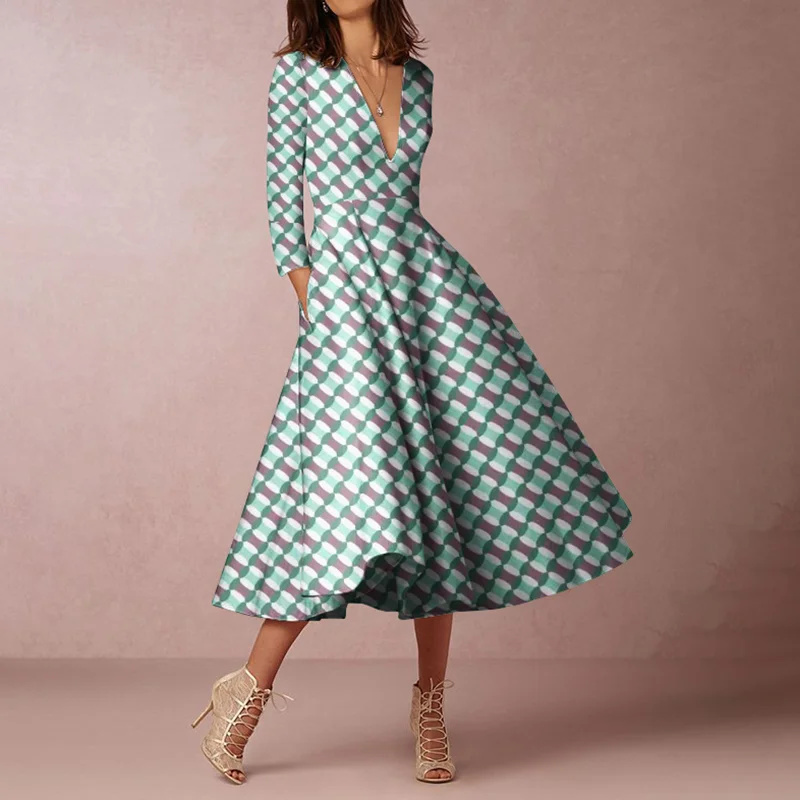 Elegant Geometric Print A Swing Midi Dress