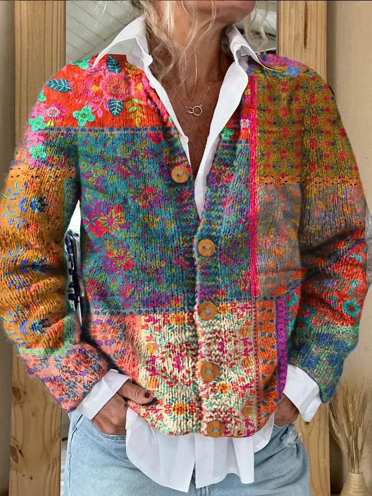Vintage Floral Patchwork Art Print Casual Cozy Long Sleeve Sweater