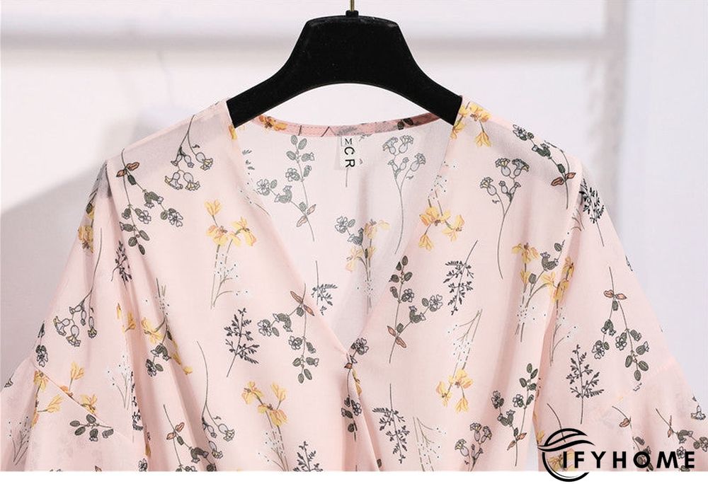 Spring Summer Chiffon Women V-Neck Floral Print Short Dresses Sweet Ruffle Sleeeve Slim Drawstring Ladies Dress | IFYHOME