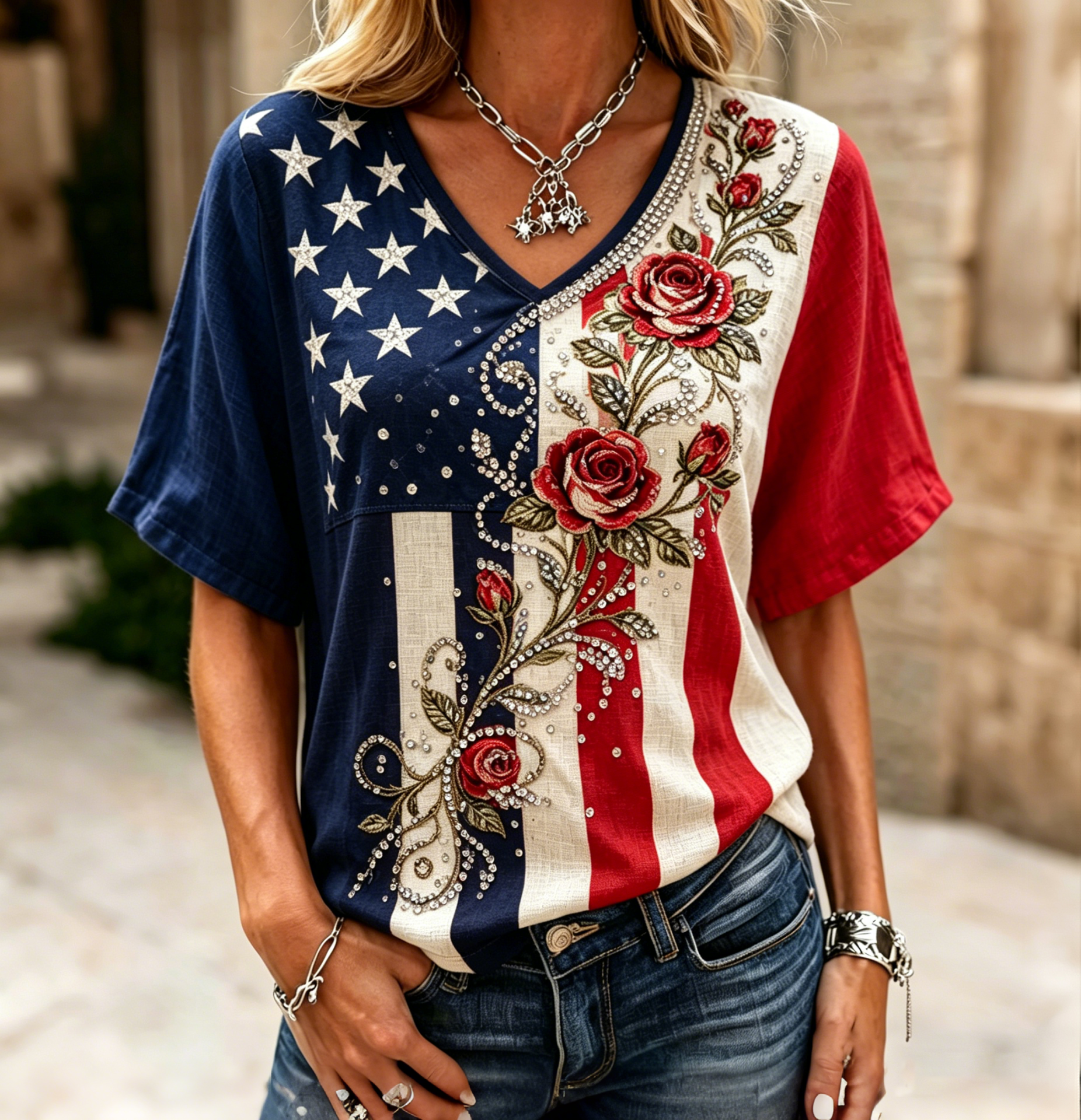 Comstylish Women's Vintage Flag Floral Art Print V Neck Linen Blend T-shirt