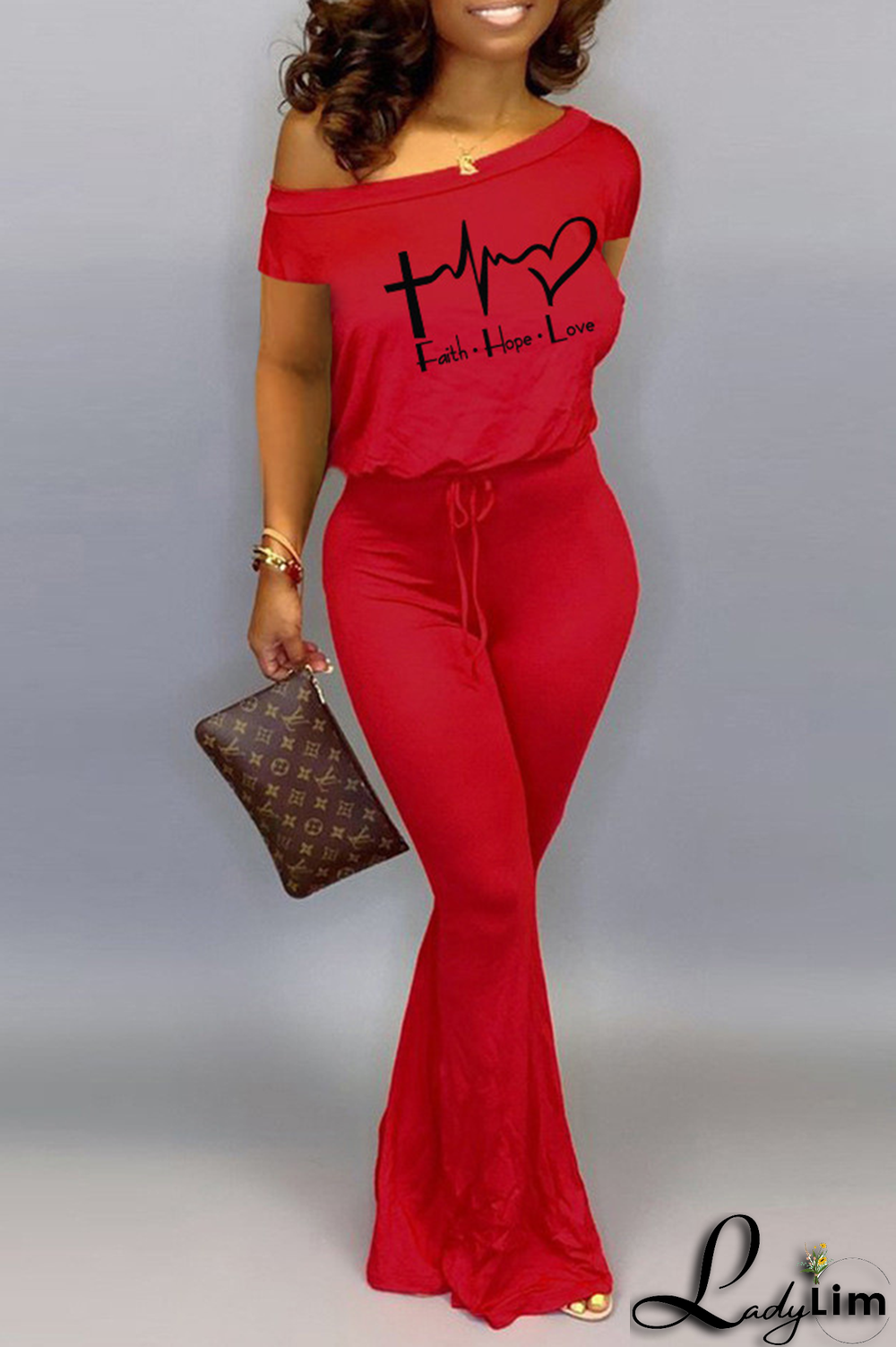 Grey Fashion Print Split Joint One Shoulder Boot Cut Jumpsuits