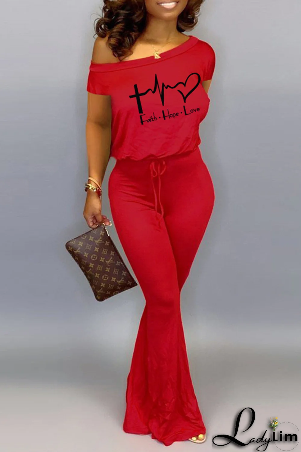 Grey Fashion Print Split Joint One Shoulder Boot Cut Jumpsuits