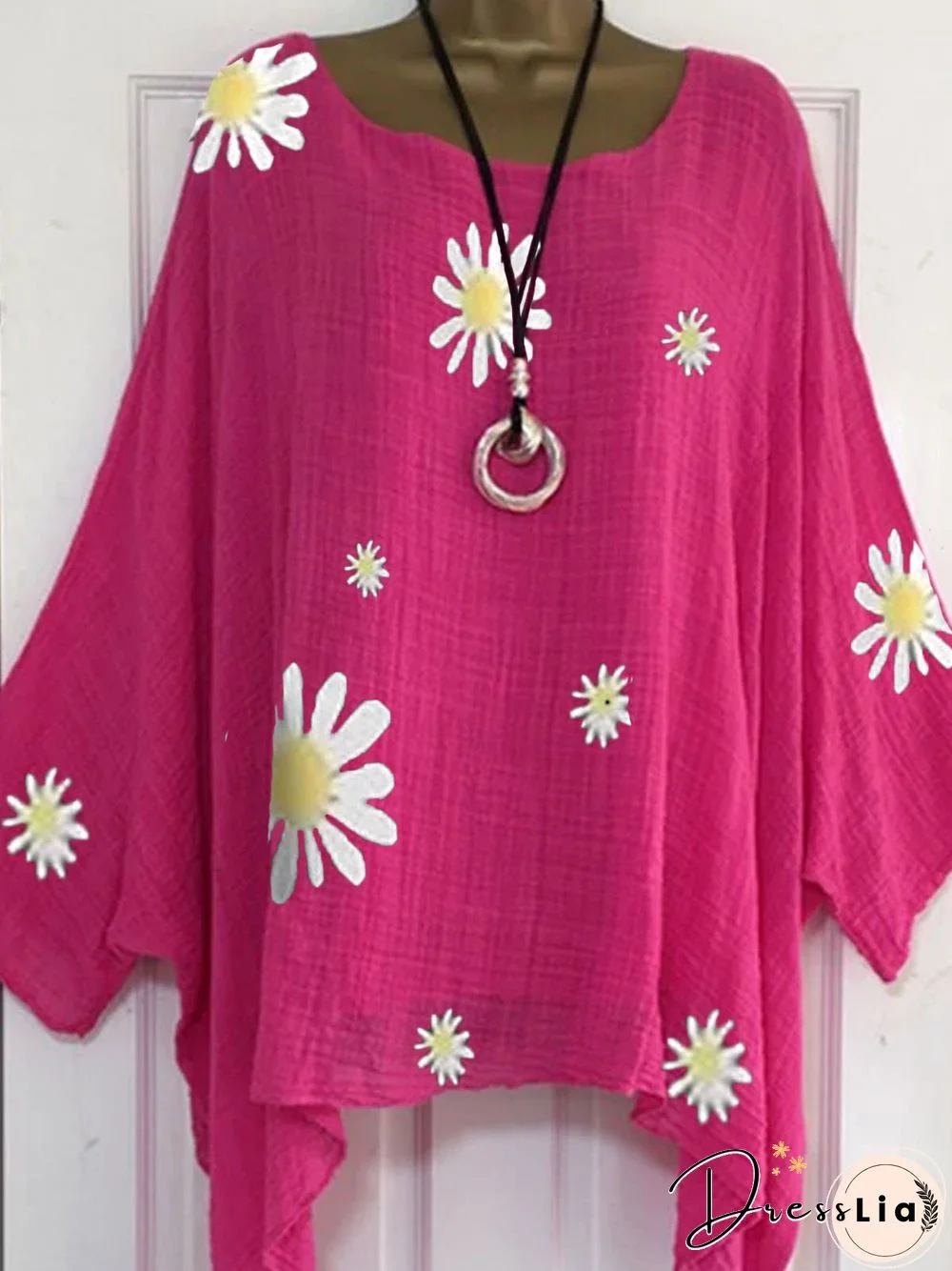Rose Red Patchwork Round Neck 3/4 Sleeve T-shirt