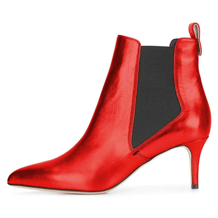 Metallic Red Chelsea Boots Pointed Toe Stiletto Heeled Booties |FSJ Shoes