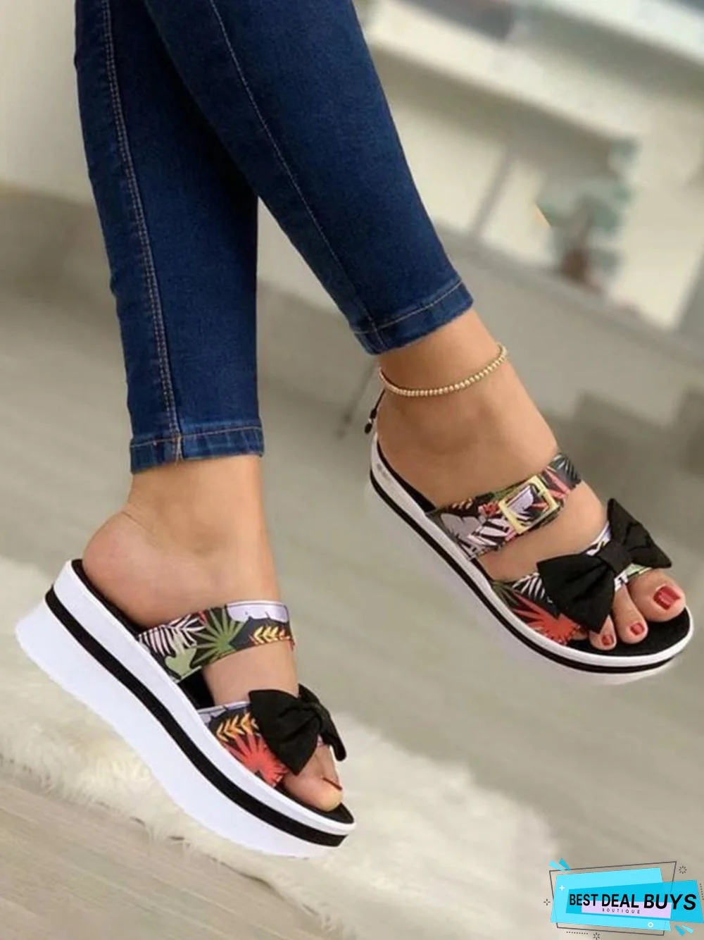 Tropical Plant Print Bowknot Platform Slides