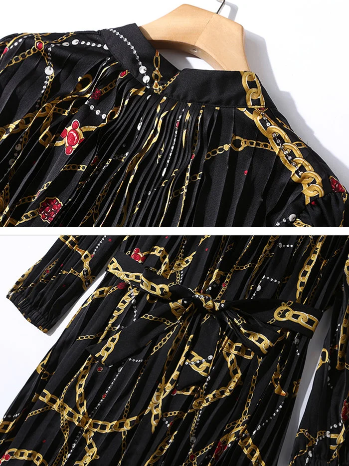 Stand-up Collar Pleated Loose Print Dress