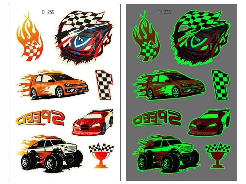 Luminous Cool Car Temporary Tattoos Sticker For Kid Fake Tattoo Race Car Sports Meet Waterproof Glow at Night Children Tatoo